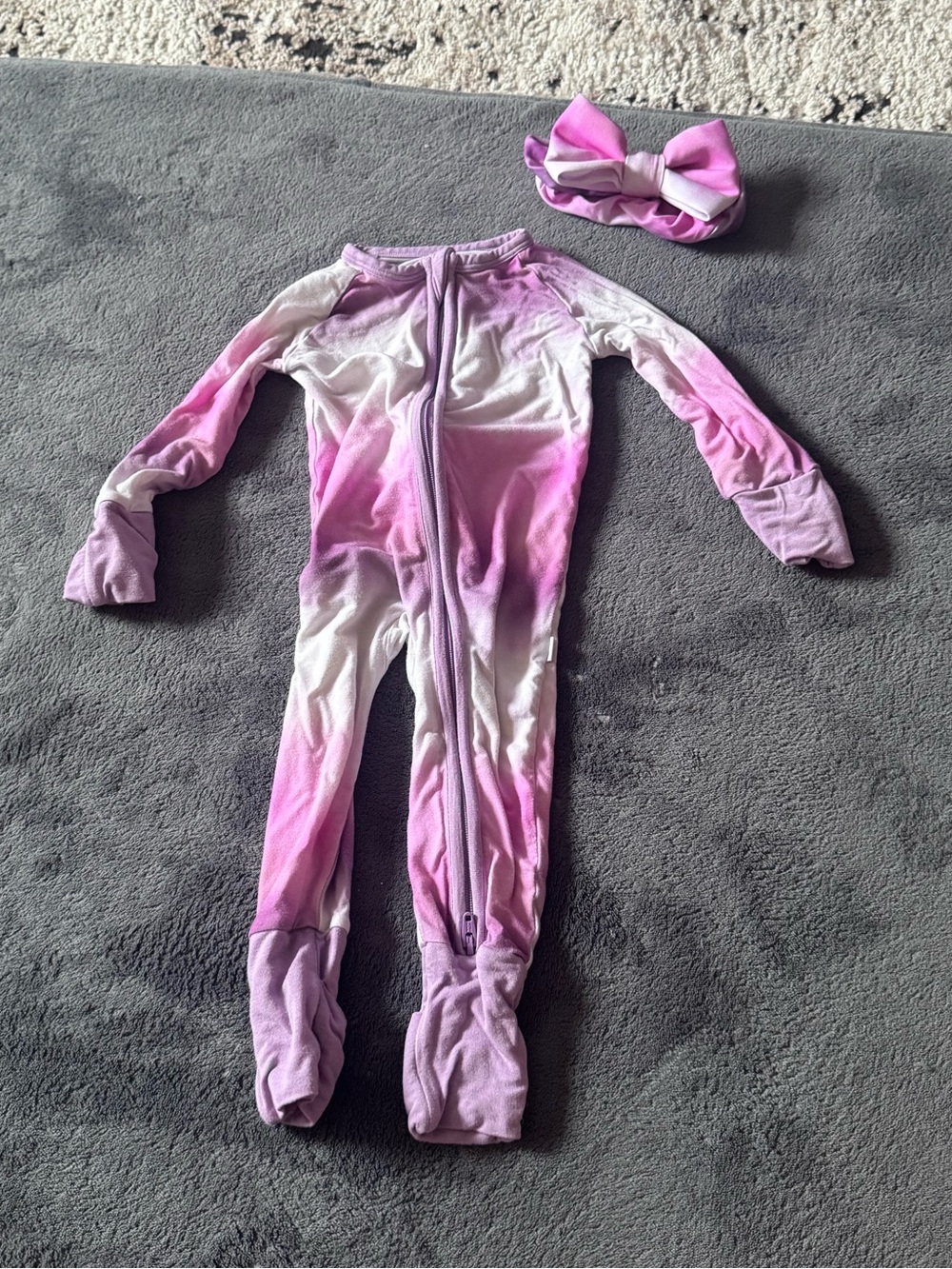 Little sleepies Pink Ombre Footed One-Piece with Bow Headband 0-3 month